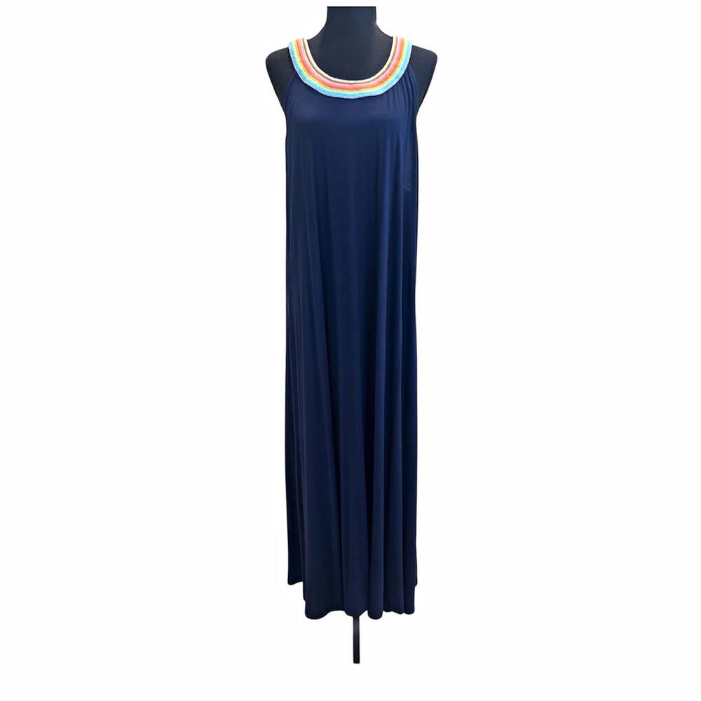 Boden Navy Solid Knit Maxi Dress Rainbow Trim Scoop Neck Sleeveless US 16 UK 20R